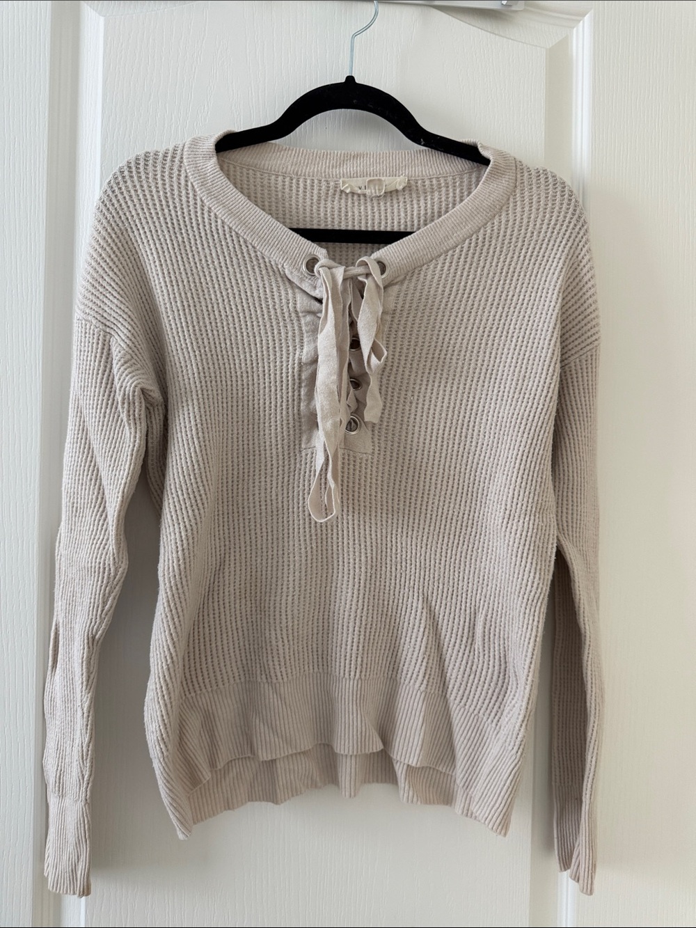 lovestitch Lace-Up Ribbed V-Neck Sweater - Beige